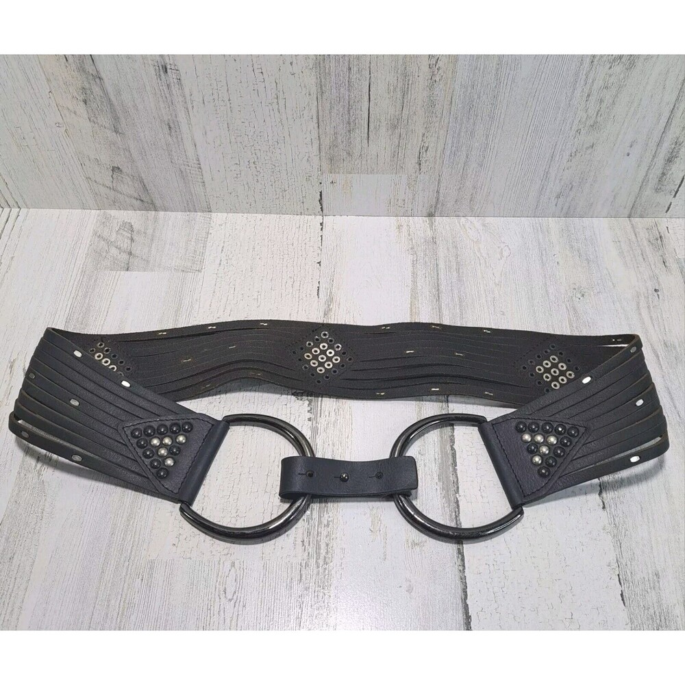Women's Black Leather Suede D-Ring Layered Studded Belt Size L Boho Western